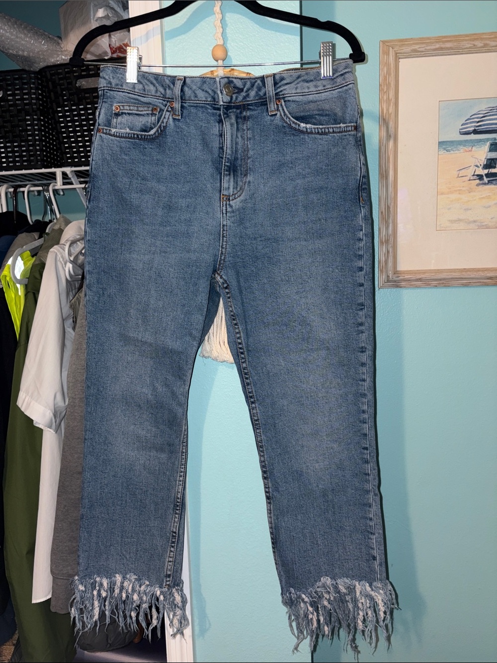 Topshop Blue Frayed Hem Cropped Jeans